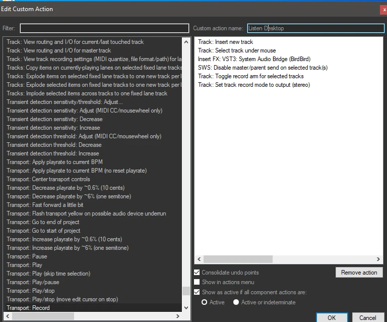 Registrare audio desktop Reaper sequenza di azioni per Listen Desktop
