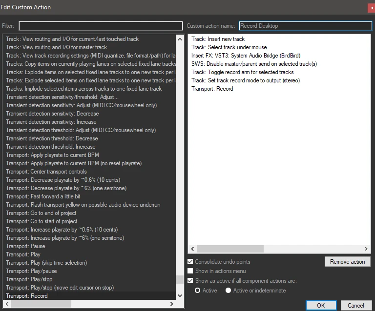 Registrare audio desktop Reaper sequenza di azioni per Record Desktop