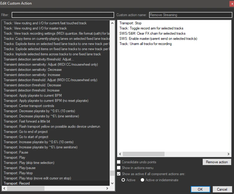 Registrare audio desktop Reaper azioni per Remove streaming