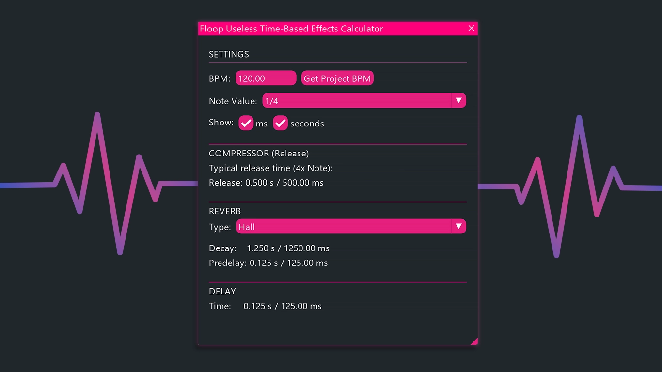 REAPER BPM effects calculator interface showing delay, reverb and compressor timing values